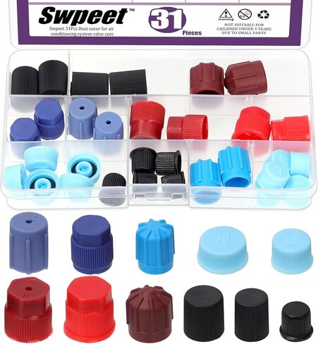 مجموعة أغطية صمامات تكييف الهواء الأساسية 31 قطعة 11 مقاسًا من Swpeet، غطاء غبار أساسي لنظام تكييف الهواء التلقائي، أغطية منافذ شحن نظام تيار متردد للسيارة، غطاء غبار لمنفذ خدمة صمامات تكييف الهواء للاستبدال والصيانة in Kuwait