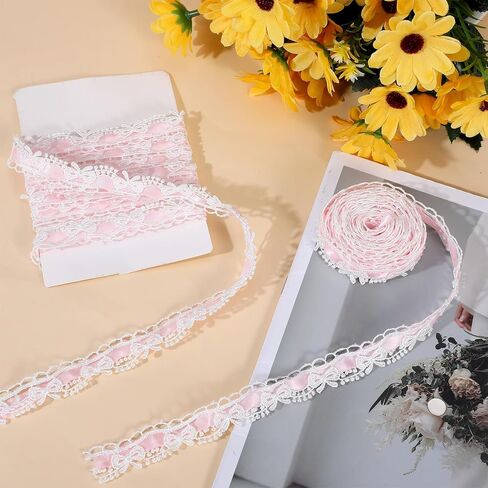 5 Yards Pink Lace Ribbon for Gift Wrapping, Lace Fabric Trim for Bridal, Bow Trim Sewing Accessories for Bouquet Packaging Wrapping Wedding Party Decorations DIY Crafts Valentine's Day Christmas in Kuwait