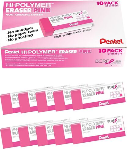 Pentel Hi-Polymer Pink Block Eraser, 10-Ct Box - BCRF Pink Ribbon (ZEH10PC10-BC) in Kuwait