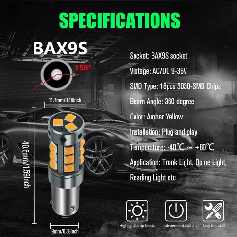 YEORO 2pcs AC/DC 9-36V BAX9S LED Bulbs Amber,600LM H6W 64132 38161 LED Car Ligh Bulbs Super Bright 3030 18-SMD Chips for Car Interior Dome Map License Plate Glove Box Light. in Saudi Arabia