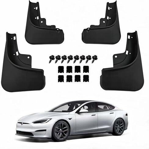 No Drill Mud Flaps for 2022-2026 Tesla Model S, Fits All Trims (Dual Motor AWD & Plaid Tri-Motor), Front & Rear All Weather Splash Guards, Heavy Duty Thermoplastic, OEM Style Low Profile Design in Saudi Arabia