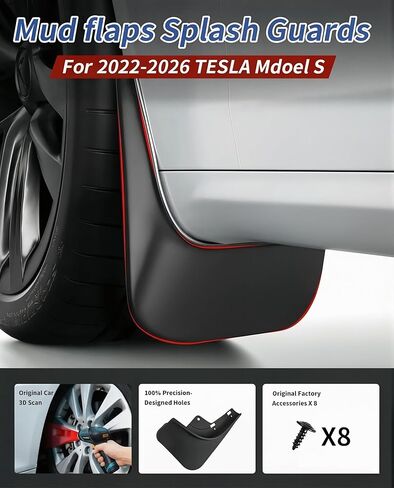 No Drill Mud Flaps for 2022-2026 Tesla Model S, Fits All Trims (Dual Motor AWD & Plaid Tri-Motor), Front & Rear All Weather Splash Guards, Heavy Duty Thermoplastic, OEM Style Low Profile Design in Saudi Arabia