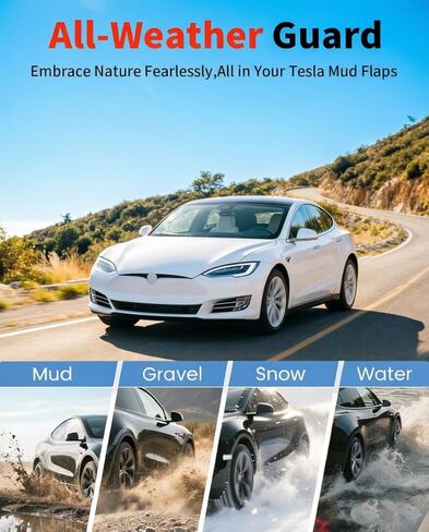 No Drill Mud Flaps for 2022-2026 Tesla Model S, Fits All Trims (Dual Motor AWD & Plaid Tri-Motor), Front & Rear All Weather Splash Guards, Heavy Duty Thermoplastic, OEM Style Low Profile Design in Saudi Arabia