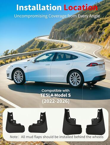 No Drill Mud Flaps for 2022-2026 Tesla Model S, Fits All Trims (Dual Motor AWD & Plaid Tri-Motor), Front & Rear All Weather Splash Guards, Heavy Duty Thermoplastic, OEM Style Low Profile Design in Saudi Arabia
