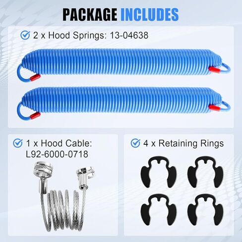 2PCS Hood Springs, Cable and Stud Bolts with Retaining Rings Fit for Peterbilt 357 377 379 Series 1987-2008 Trucks, Replace 13-04638 13-03761 13-03663 L92-6000-0718 13-04638 13-03662 in Kuwait