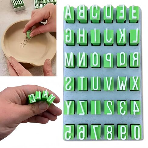 Clay Stamps Alphabet, Numbers DIY Handmade Alphabet Mold Accessories Polymer Clay Tools for Ceramic Decorating 36 Pieces Letter Stamps for Clay with Storage Box - Green (Lowercase Letters & Symbols) in Saudi Arabia