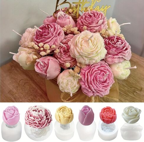 6PCS Flower Candle Mold Set, Silicone 3D Molds for DIY Candles Soap and Resin, Reusable Rose Peony Bouquet Making for Wedding Birthday Valentine's Mother's Day Crafts in Saudi Arabia
