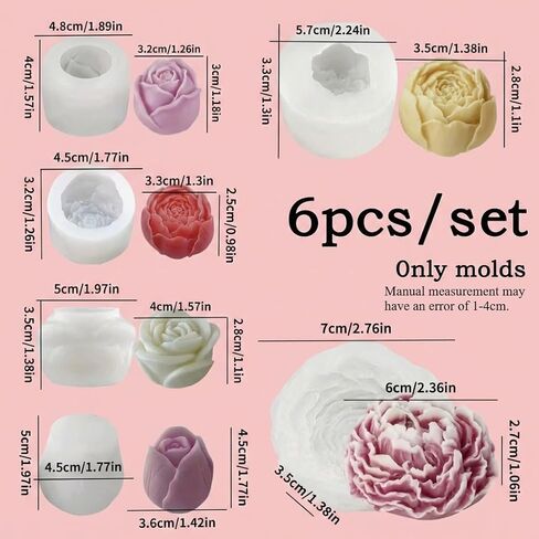 6PCS Flower Candle Mold Set, Silicone 3D Molds for DIY Candles Soap and Resin, Reusable Rose Peony Bouquet Making for Wedding Birthday Valentine's Mother's Day Crafts in Saudi Arabia