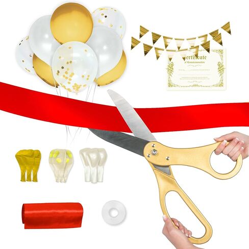 Crutello Ribbon Cutting Ceremony Kit - 20"Giant Scissors with Gold Handle, 20ft Sparkle Giant Gold Ribbon 8"Wide, 24 Balloons, 2 Big Pennant Flags, 4 Streamers & Ceremonial Certificate in Saudi Arabia