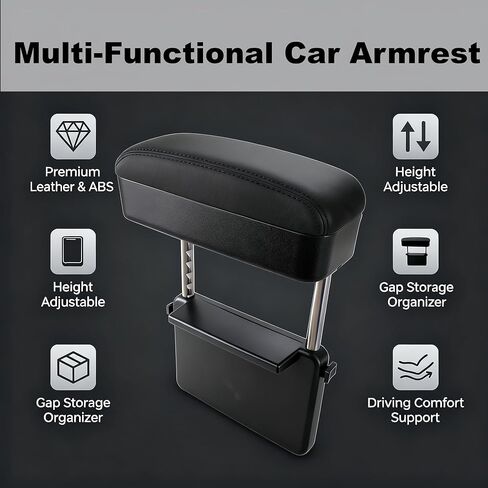 Flecto Car Armrest Storage Box, Adjustable Height Car Seat Gap Filler Organizer and Elbow Rest Support, Compatible with Most Car Models, Console Extension for Driver Fatigue Relief, Black in Saudi Arabia