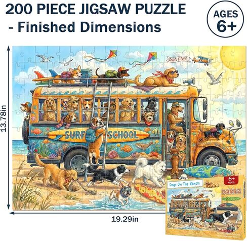 Puzzles for Kids Ages 6-8 8-10 10-12 - 200 Piece Jigsaw Puzzles for Kids Aged 6 to 12 - Dogs On The Beach Surf Fun Animal Puzzle - Colorful Children Puzzles for Girls and Boys Educational Toys in Saudi Arabia