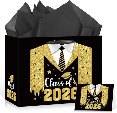Class Of 2026 Graduation Gift Bag Black Gold Congrats Grad Gift Bag 8th Grade Graduation Wrapping Paper Card 5th Grade Graduation Party Favor Bag College High School Junior Kindergarten Graduate Season Decor in Saudi Arabia