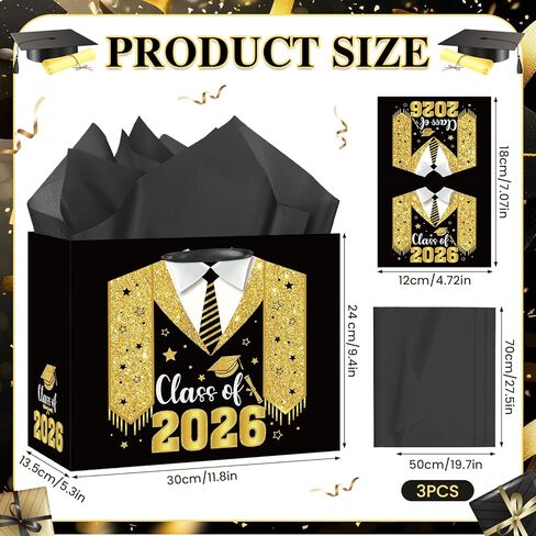 Class Of 2026 Graduation Gift Bag Black Gold Congrats Grad Gift Bag 8th Grade Graduation Wrapping Paper Card 5th Grade Graduation Party Favor Bag College High School Junior Kindergarten Graduate Season Decor in Saudi Arabia