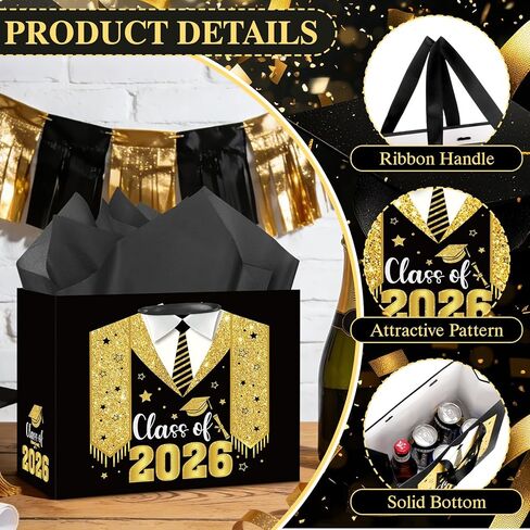 Class Of 2026 Graduation Gift Bag Black Gold Congrats Grad Gift Bag 8th Grade Graduation Wrapping Paper Card 5th Grade Graduation Party Favor Bag College High School Junior Kindergarten Graduate Season Decor in Saudi Arabia