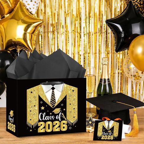 Class Of 2026 Graduation Gift Bag Black Gold Congrats Grad Gift Bag 8th Grade Graduation Wrapping Paper Card 5th Grade Graduation Party Favor Bag College High School Junior Kindergarten Graduate Season Decor in Saudi Arabia