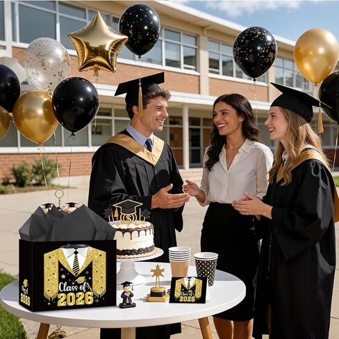 Class Of 2026 Graduation Gift Bag Black Gold Congrats Grad Gift Bag 8th Grade Graduation Wrapping Paper Card 5th Grade Graduation Party Favor Bag College High School Junior Kindergarten Graduate Season Decor in Saudi Arabia