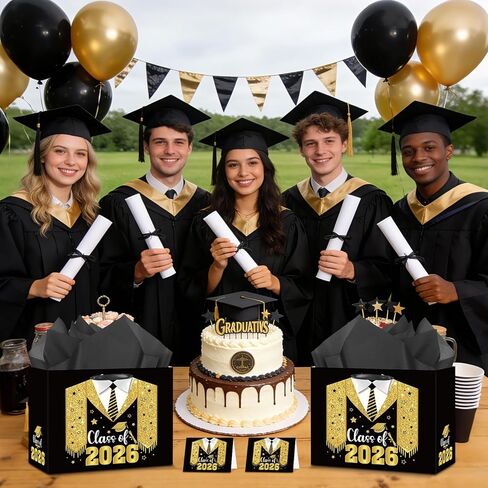 Class Of 2026 Graduation Gift Bag Black Gold Congrats Grad Gift Bag 8th Grade Graduation Wrapping Paper Card 5th Grade Graduation Party Favor Bag College High School Junior Kindergarten Graduate Season Decor in Saudi Arabia
