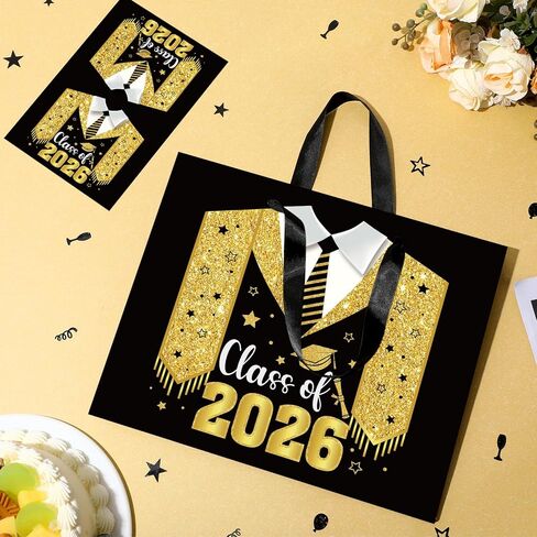 Class Of 2026 Graduation Gift Bag Black Gold Congrats Grad Gift Bag 8th Grade Graduation Wrapping Paper Card 5th Grade Graduation Party Favor Bag College High School Junior Kindergarten Graduate Season Decor in Saudi Arabia
