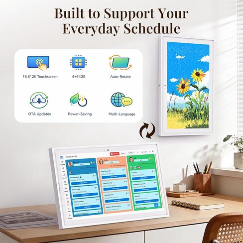 15.6" Electronic Wall Calendar & Digital Family Planner, 2K Smart Touchscreen Display with Video Call, Chore Chart & Shared Family Schedule, 4+64GB, Wall or Desk Mount, Interactive Calendar Organizer in Kuwait