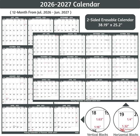 تقويم المسح الجاف 2026-2027 - تقويم حائط سنوي كبير، 38.2 بوصة × 25.2 بوصة، تقويم قابل للعكس على الجانبين 2026-2027، عمودي/أفقي، يوليو 2026 - يونيو 2027، تقويم حائط مع ملاحظات، ملصقات - رمادي in Kuwait