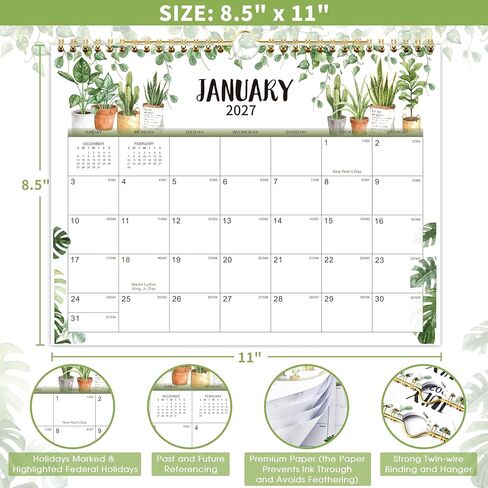 Wall Calendar 2026-2027 - Calendar 2026-2027, Jul. 2026 - Dec. 2027, 11" x 8.5", Wall Calendar 18 month with Twin-Wire Binding + Thick Paper - Plants in Kuwait