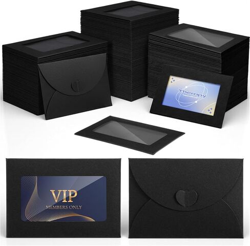 300 Pcs Window Gift Card Envelopes 4 x 2.8 Inch, Mini Envelopes with Heart Shaped Clasp for Business Party Greeting Invitation Cards Christmas Thanksgiving Gifts (Black) in Kuwait