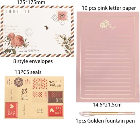 Elegant letter writing set: 8 Floral Print Airmail Envelopes, 10A5Sheets, 16 Sealing Stickers, 1 Gold Pen Love Botanical Theme Party Invitation (White flower print set) in Saudi Arabia