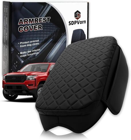 Armrest Cover for Nissan Frontier 2022-2025 Center Console Pad with Organizer Storage Pockets, Black Faux Leather Arm Rest Lid Protector Cushion D41 Interior Accessories in Kuwait