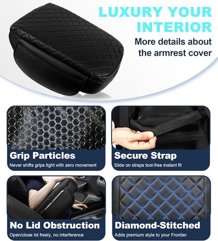 Armrest Cover for Nissan Frontier 2022-2025 Center Console Pad with Organizer Storage Pockets, Black Faux Leather Arm Rest Lid Protector Cushion D41 Interior Accessories in Kuwait