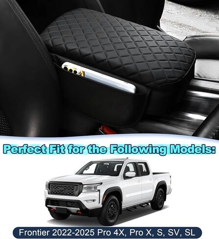 Armrest Cover for Nissan Frontier 2022-2025 Center Console Pad with Organizer Storage Pockets, Black Faux Leather Arm Rest Lid Protector Cushion D41 Interior Accessories in Kuwait