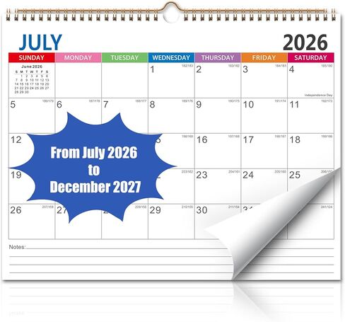 تقويم حائط لمدة 18 شهرًا يوليو 2026 - ديسمبر 2027 - 11 × 8.7 بوصة، تقويم شهري مع العطلات، تواريخ جوليان، ورق سميك، كتل تاريخ كبيرة، لتنظيم الحائط in Kuwait