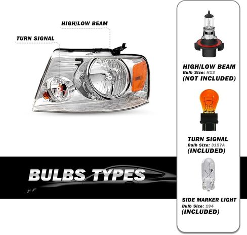 مجموعة المصابيح الأمامية SOCKIR متوافقة مع 2004-2008 Ford F150 Pickup / 2006-2008 Lincoln Mark LT جانب الركاب والسائق (مبيت من الكروم مع عاكس كهرماني) in Kuwait