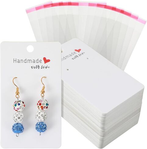 Nogeqi 100PCS 2x3.5 Inch Earring Display Cards with 100PCS Self Adhesive Bags, Handmade with Love Earring Holder Cards for Selling Jewelry Necklace Display Hanging Retail (White) in Kuwait