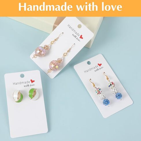 Nogeqi 100PCS 2x3.5 Inch Earring Display Cards with 100PCS Self Adhesive Bags, Handmade with Love Earring Holder Cards for Selling Jewelry Necklace Display Hanging Retail (White) in Kuwait
