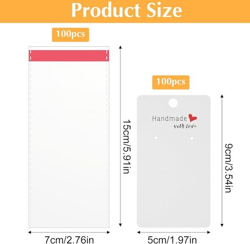 Nogeqi 100PCS 2x3.5 Inch Earring Display Cards with 100PCS Self Adhesive Bags, Handmade with Love Earring Holder Cards for Selling Jewelry Necklace Display Hanging Retail (White) in Kuwait