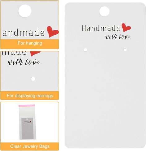 Nogeqi 100PCS 2x3.5 Inch Earring Display Cards with 100PCS Self Adhesive Bags, Handmade with Love Earring Holder Cards for Selling Jewelry Necklace Display Hanging Retail (White) in Kuwait