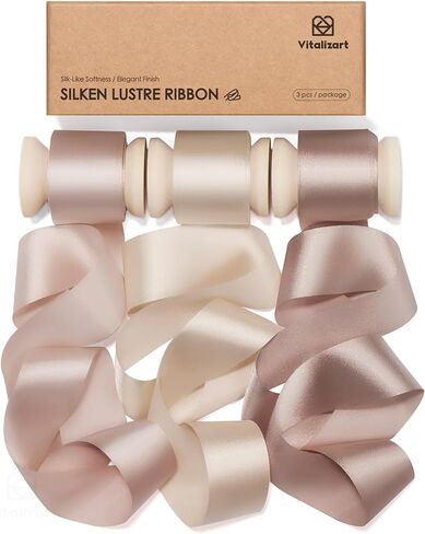 شريط Vitalizart Silken Luster مقاس 1 × 15 ياردة، شريط من الساتان الحريري بلون الشمبانيا والعاري مع لمعان رقيق، بكرة خشبية لتغليف الهدايا وباقة زهور الزفاف وحفلات الزفاف وحفلات استقبال المولود الجديد in Kuwait