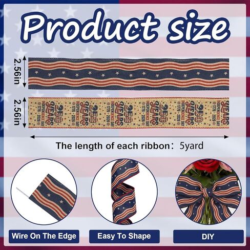 Threetols 2 Rolls 10 Yards 250th Anniversary USA Patriotic Wired Edge Ribbons, 2.5inch 250 Years America Burlap Ribbon, Blue Linen Stripe Ribbon for 1776-2026 Commemorative DIY Craft Wreath Bow Decor in Kuwait