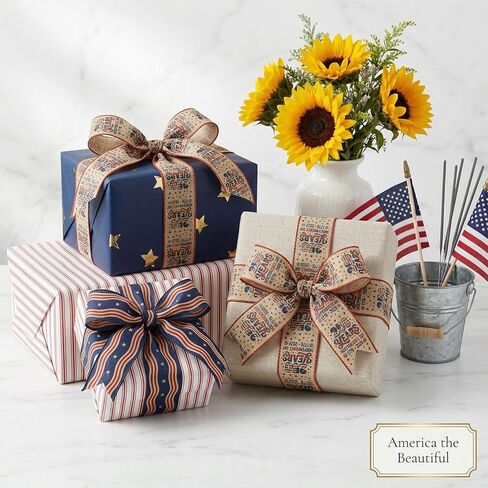 Threetols 2 Rolls 10 Yards 250th Anniversary USA Patriotic Wired Edge Ribbons, 2.5inch 250 Years America Burlap Ribbon, Blue Linen Stripe Ribbon for 1776-2026 Commemorative DIY Craft Wreath Bow Decor in Kuwait