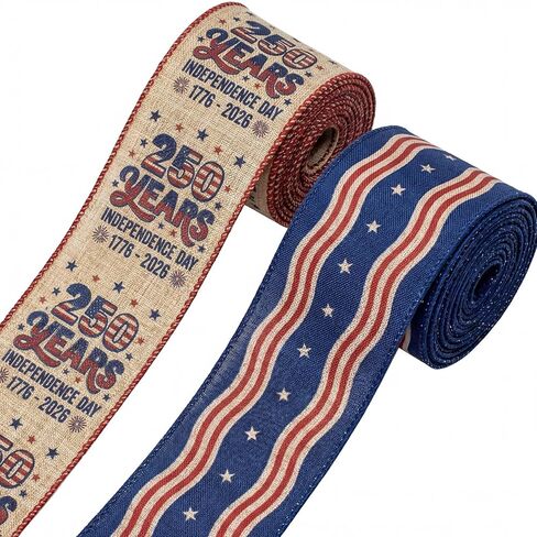 Threetols 2 Rolls 10 Yards 250th Anniversary USA Patriotic Wired Edge Ribbons, 2.5inch 250 Years America Burlap Ribbon, Blue Linen Stripe Ribbon for 1776-2026 Commemorative DIY Craft Wreath Bow Decor in Kuwait