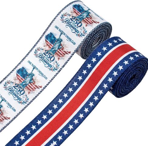 Threetols 2 Rolls 10 Yards 250th Anniversary USA Patriotic Wired Edge Ribbons, 2.5inch 250 Years America Burlap Ribbon, Blue Linen Stripe Ribbon for 1776-2026 Commemorative DIY Craft Wreath Bow Decor in Kuwait