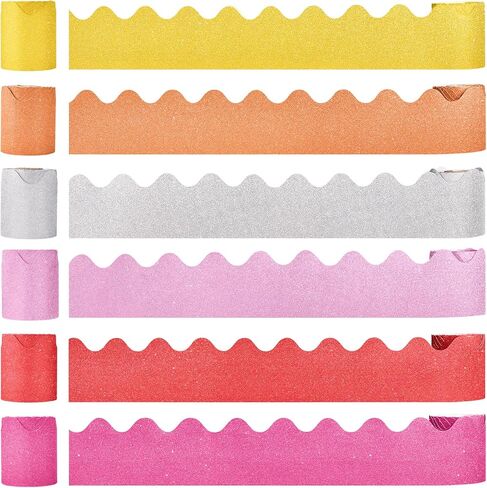 196.8 Feet Summer Glitter Bulletin Board Borders Set, 6 Rolls Self-Adhesive Scalloped Border Trim, Colorful Glitter Classroom Decor for School, Office & Holiday Party Wall Decorations in Saudi Arabia