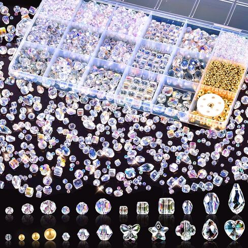 Zefy 2000+ Pcs Crystal Glass Beads for Jewelry Making, 24 Styles 3-15mm Assorted Faceted Craft Bead Kit for DIY Bracelet Necklace Earring Suncatcher (Clear AB Color) in Saudi Arabia