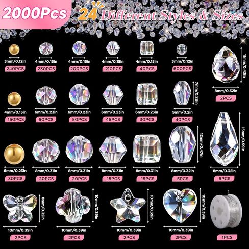 Zefy 2000+ Pcs Crystal Glass Beads for Jewelry Making, 24 Styles 3-15mm Assorted Faceted Craft Bead Kit for DIY Bracelet Necklace Earring Suncatcher (Clear AB Color) in Kuwait
