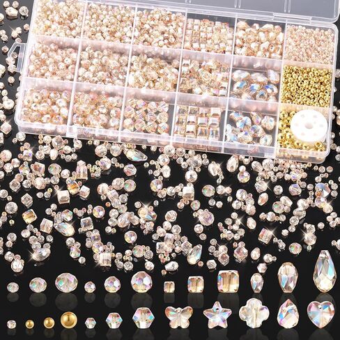 Zefy 2000+ Pcs Crystal Glass Beads for Jewelry Making, 24 Styles 3-15mm Assorted Faceted Craft Bead Kit for DIY Bracelet Necklace Earring Suncatcher (Clear AB Color) in Kuwait