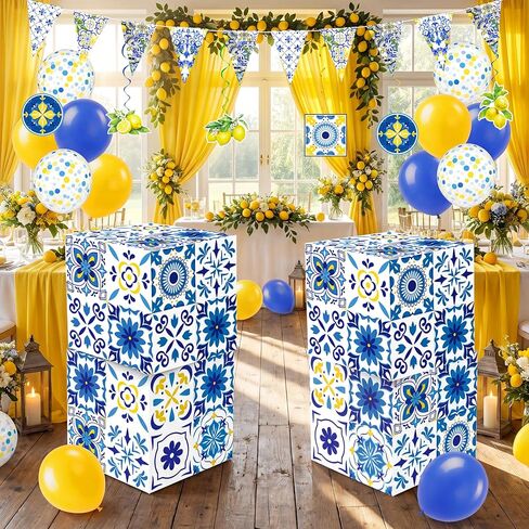 Renbuzhu 29 Pcs Lemon Amalfi Coast Party Decorations - Capri Blue Yellow Gift Boxes Decor for Mediterranean Bridal Birthday Baby Shower Favors in Saudi Arabia
