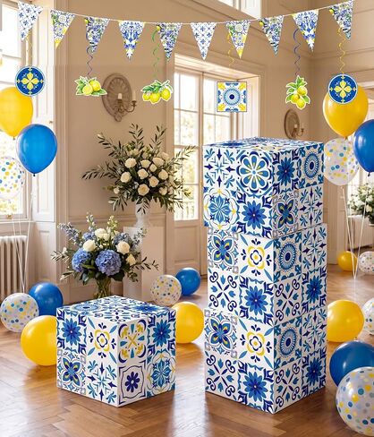 Renbuzhu 29 Pcs Lemon Amalfi Coast Party Decorations - Capri Blue Yellow Gift Boxes Decor for Mediterranean Bridal Birthday Baby Shower Favors in Saudi Arabia
