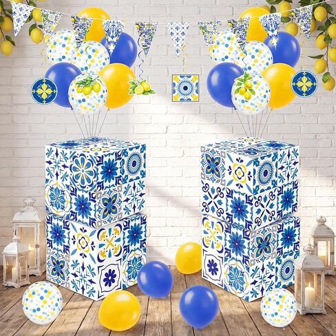 Renbuzhu 29 Pcs Lemon Amalfi Coast Party Decorations - Capri Blue Yellow Gift Boxes Decor for Mediterranean Bridal Birthday Baby Shower Favors in Saudi Arabia