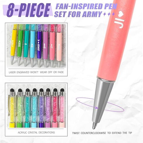 8PCS Kpop Bangtan Ballpoint Pen Set with Stylus Tips for Army, Black Ink Fan Pens with Engraved Names, Cute Brithday Party Gifts Office School Writing Supplies for Music Lovers in Kuwait