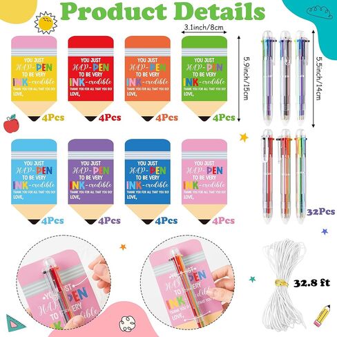 32 Set End of Year Student Gift, Retractable Ballpoint Pen and Pencil Shaped Card Set, 0.5mm 6-in-1 Multi color Ballpoint Pen Classroom Prizes School Supplies Children Gift Kids Party Favor in Kuwait